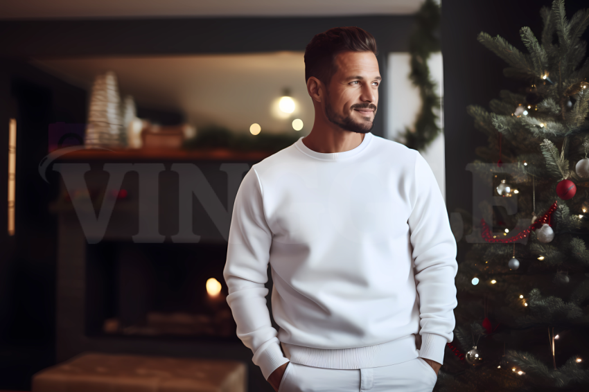 Free Gildan 18000 White Man Christmas Sweatshirt Mockup