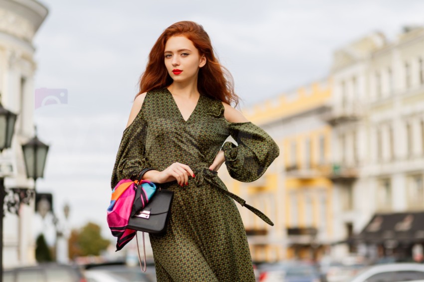 beautiful curly ginger woman with red lips