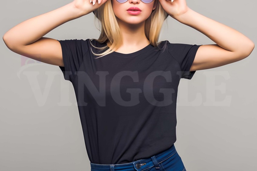 Blonde Woman Wearing Black Tshirt Free Mockup