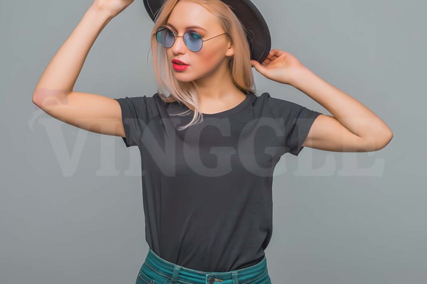 Blonde Woman Wearing Black Tshirt Free Mockup