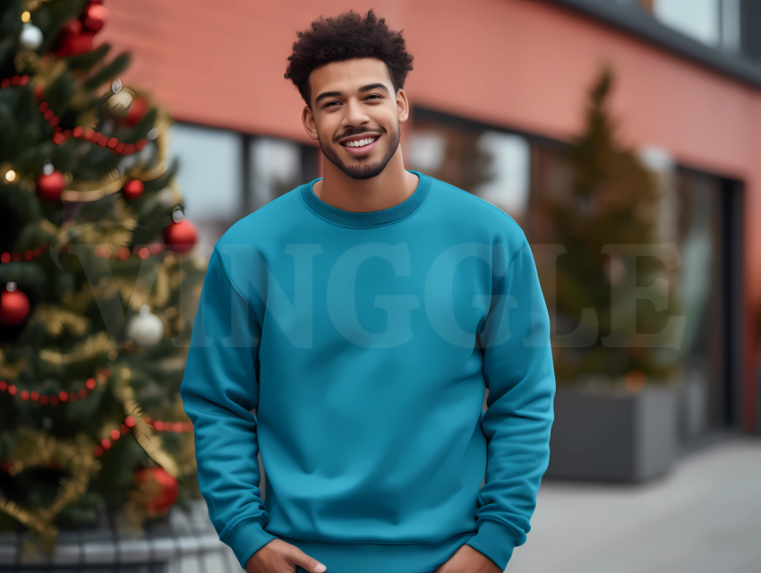 Free Gildan 18000 Blue Man Christmas Sweatshirt Mockup