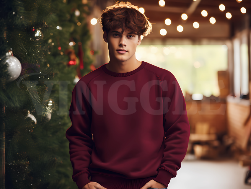 Free Gildan 18000 Maroon Man Christmas Sweatshirt Mockup