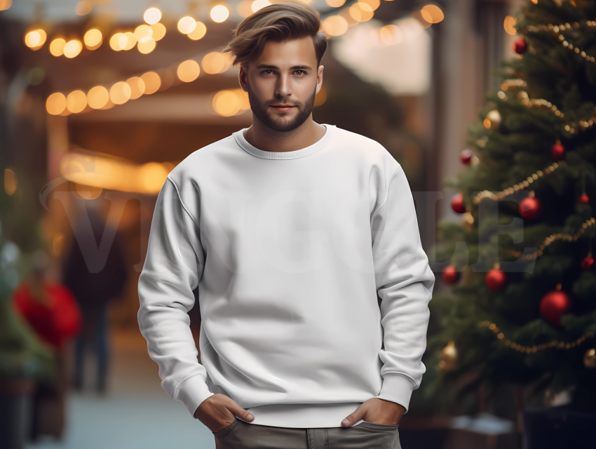 Free Gildan 18000 White Man Christmas Sweatshirt Mockup