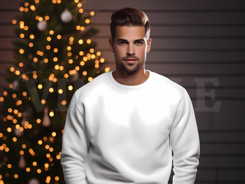 Free Gildan 18000 White Man Christmas Sweatshirt Mockup