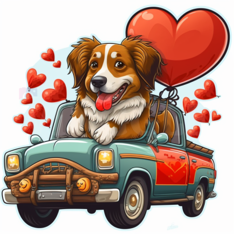 Dog Riding A 4x4 With Heart Sticker