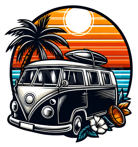 Summer Vintage Van Retro Sunset Tshirt Design Illustration