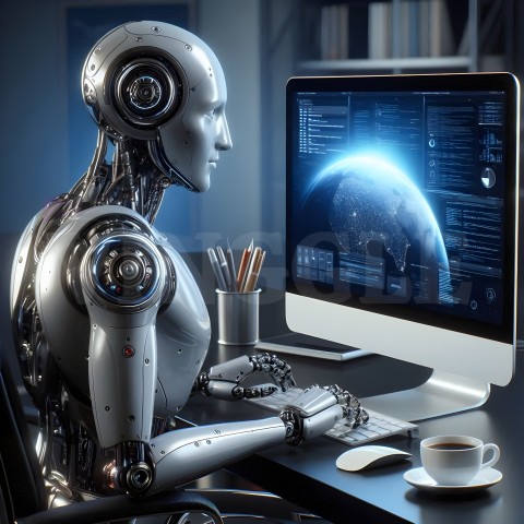 AI Robot Working On Computer Artificial Intelligence