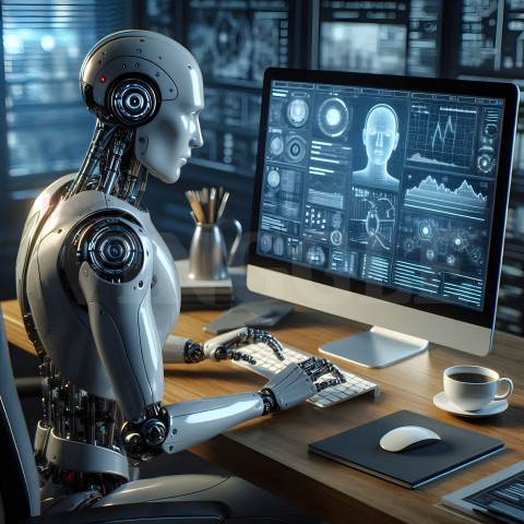 AI Robot Working On Computer Artificial Intelligence Technology